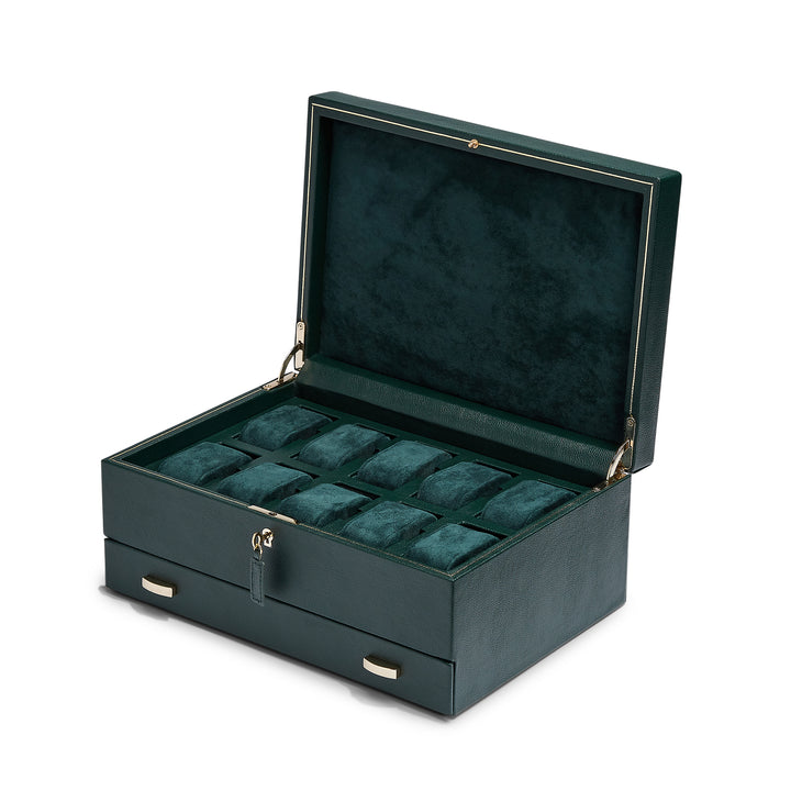 WOLF British Racing Green 10 Piece Watch Box with Storage