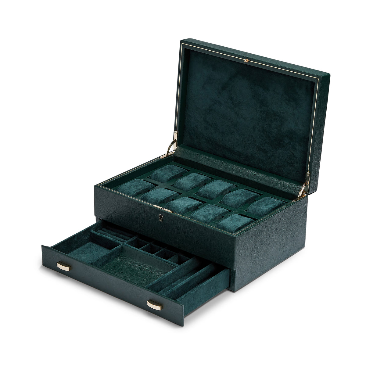 WOLF British Racing Green 10 Piece Watch Box with Storage - Michael Jones Jeweller