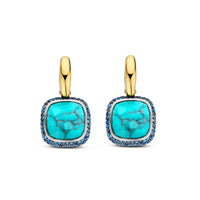 Ti Sento Yellow Gold Plated Turquoise Blue and Blue Cubic Zirconia Drop Hoop Earrings