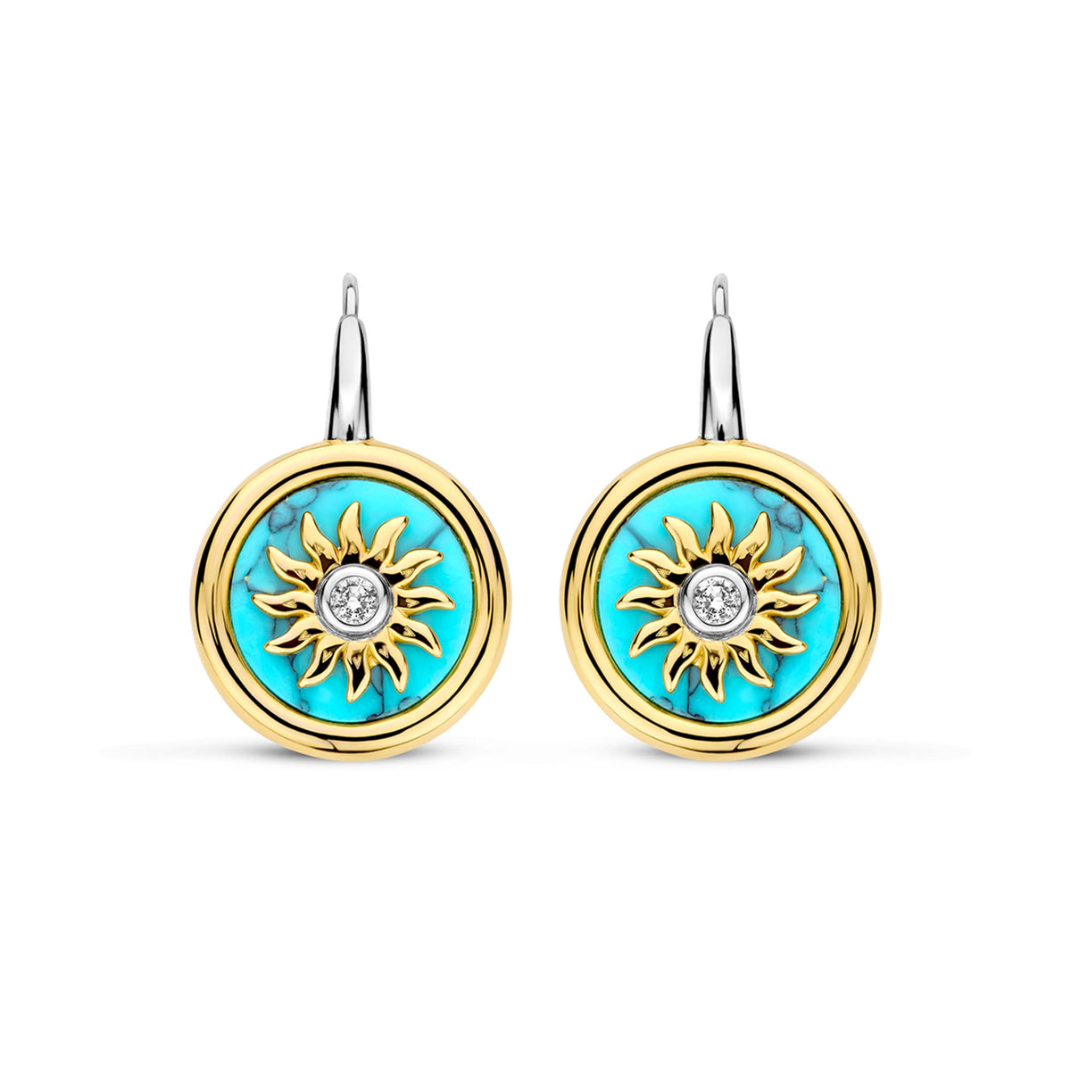 Ti Sento Yellow Gold Plated Turquoise Blue and Cubic Zirconia Sun Disc Drop Earrings 7971TQ - Michael Jones Jeweller