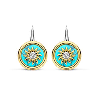 Ti Sento Yellow Gold Plated Turquoise Blue and Cubic Zirconia Sun Disc Drop Earrings 7971TQ