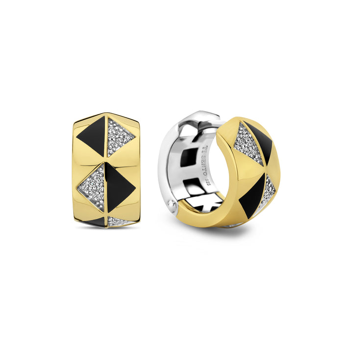 Ti Sento Yellow Gold Plated Onyx Black and Cubic Zirconia Geometric Hoop Earrings - Michael Jones Jeweller