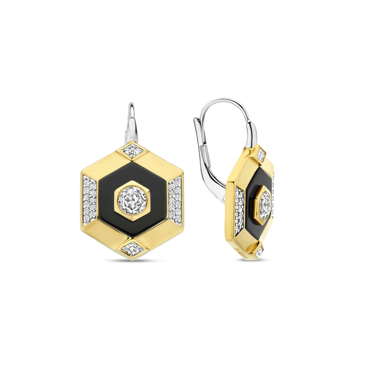 Ti Sento Yellow Gold Plated Onyx Black and Cubic Zirconia Hexagonal Drop Earrings - Michael Jones Jeweller
