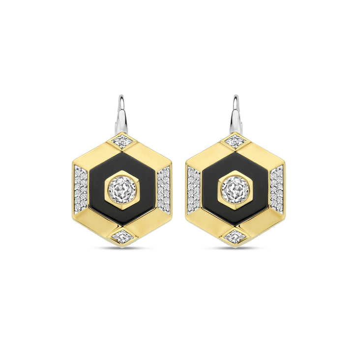 Ti Sento Yellow Gold Plated Onyx Black and Cubic Zirconia Hexagonal Drop Earrings - Michael Jones Jeweller