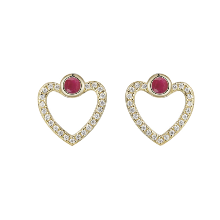 Amore Open Heart Ruby and Diamond 9ct Yellow Gold Stud Earrings
