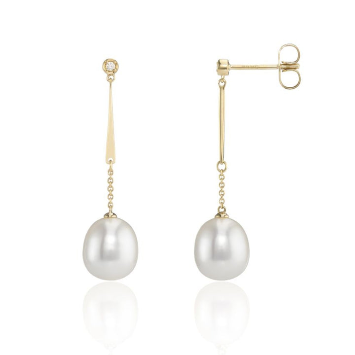 Chain Drop Pearl and Diamond 9ct Yellow Gold Drop Earrings