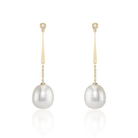 Chain Drop Pearl and Diamond 9ct Yellow Gold Drop Earrings