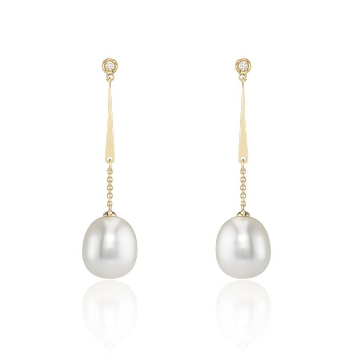 Chain Drop Pearl and Diamond 9ct Yellow Gold Drop Earrings