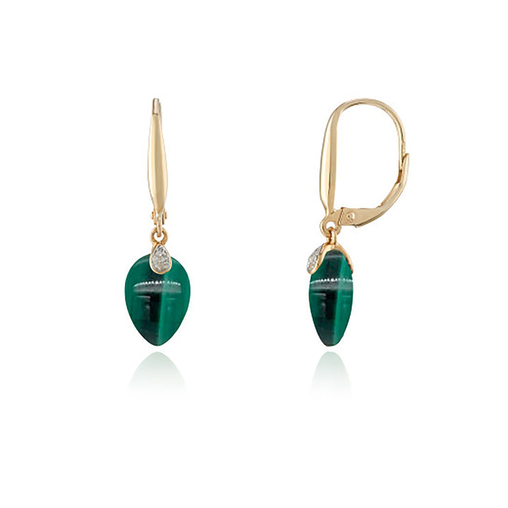 Malachite and Diamond 9ct Yellow Gold Drop Earrings - Michael Jones Jeweller