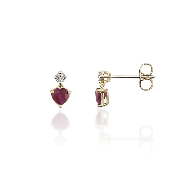 Ruby and Diamond 9ct Yellow Gold Heart Drop Earrings - Michael Jones Jeweller