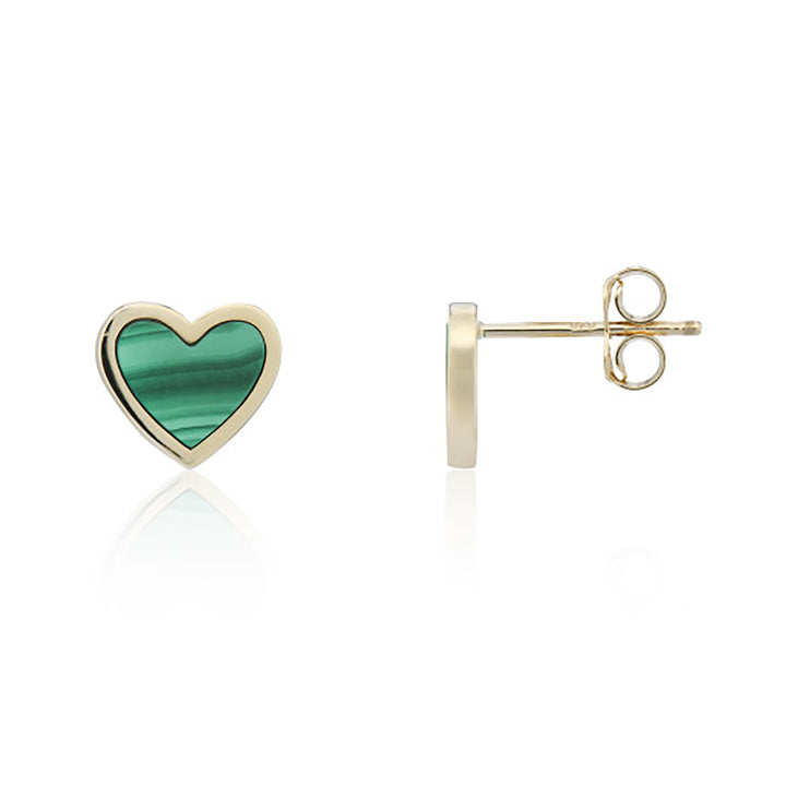 Malachite 9ct Yellow Gold Heart Stud Earrings