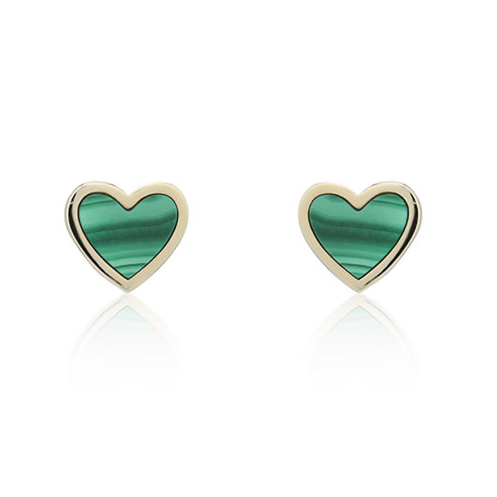 Malachite 9ct Yellow Gold Heart Stud Earrings