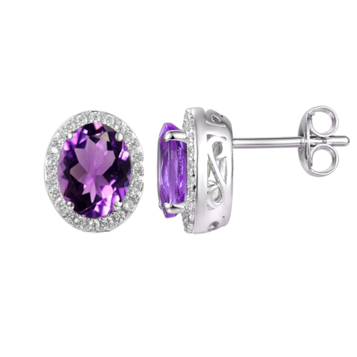 Amore Amethyst Halo Silver Stud Earrings