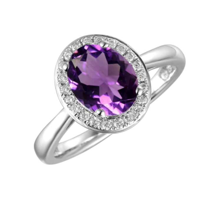 Amore Oval Amethyst CZ Halo Silver Ring (M)