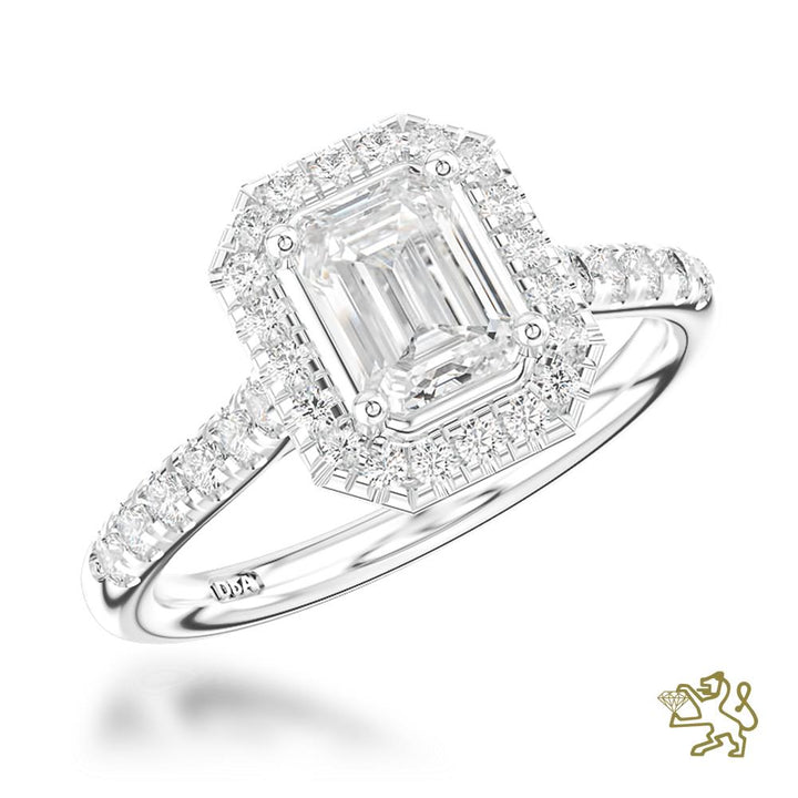 Skye Emerald Halo 0.80ct F SI1 Diamond Platinum Ring - Michael Jones Jeweller