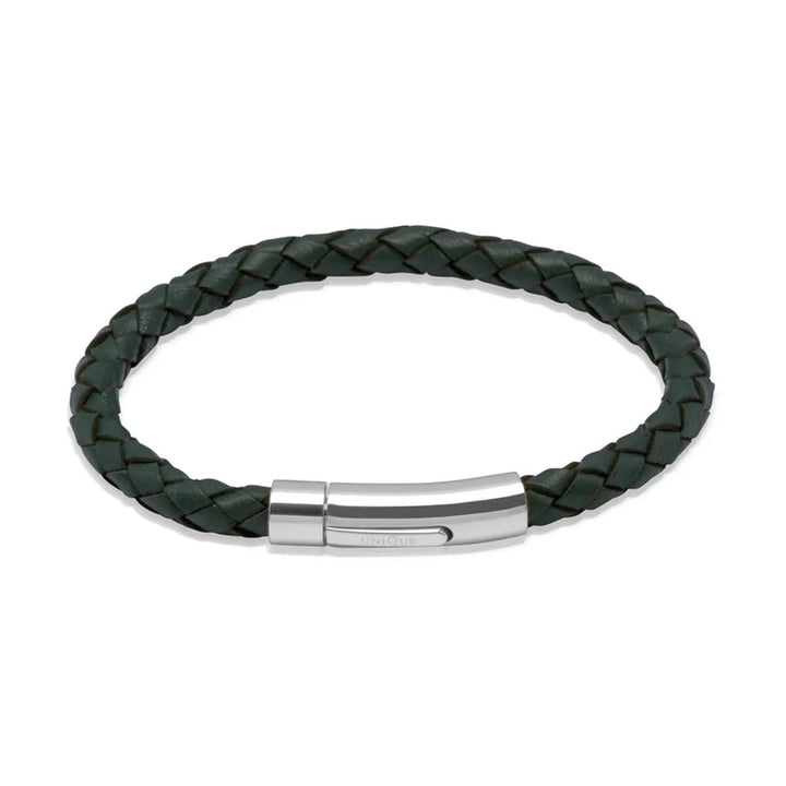 Unique Dark Green Leather Bracelet with Stainless Steel Clasp 21cm