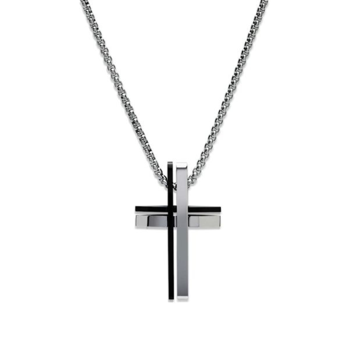 Unique Double Cross Stainless Steel and Black IP Plated Necklace 50cm
