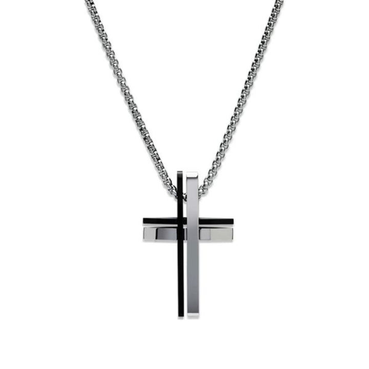 Unique Double Cross Stainless Steel and Black IP Plated Necklace 50cm