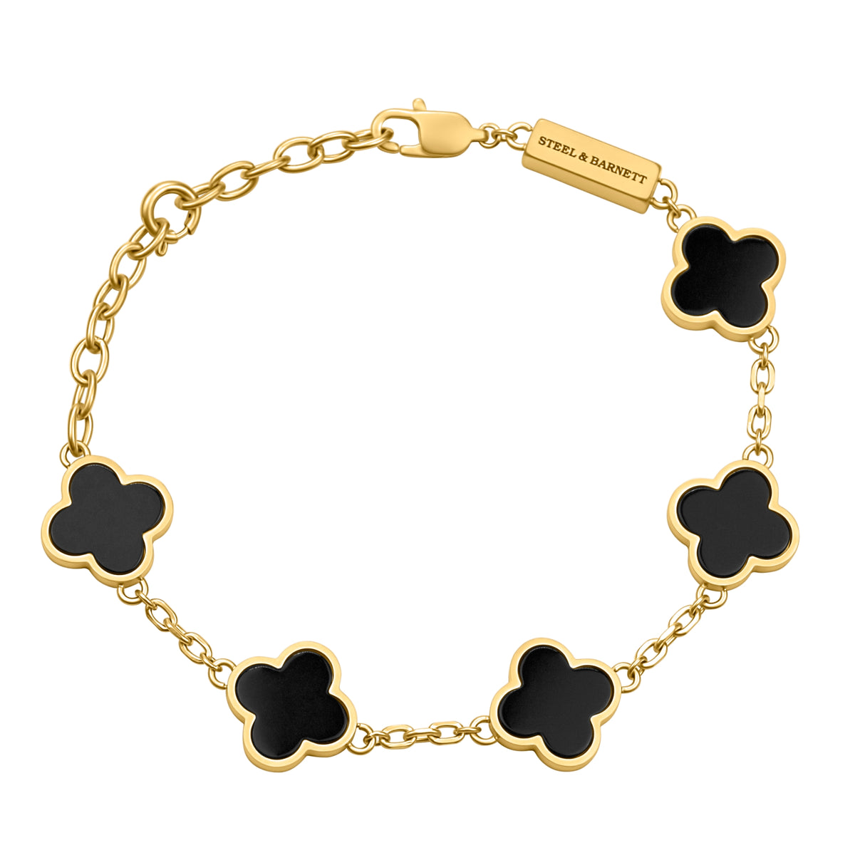 Steel and Barnett Lucky Clover Black Onyx Charm Bracelet In 18ct Plated Gold - Michael Jones Jeweller