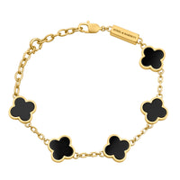 Steel and Barnett Lucky Clover Black Onyx Charm Bracelet In 18ct Plated Gold