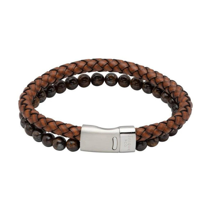 Unique Brown Leather Tigers-Eye Stainless steel Bracelet 21cm