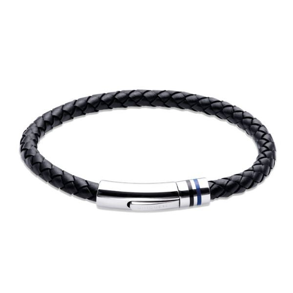 Unique & Co Black Leather Bracelet with Stainless Steel and Enamel Clasp 21cm