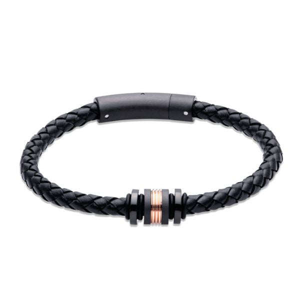 Unique &Co Black Leather Bracelet With Black and Rose IP-Plating, 21cm