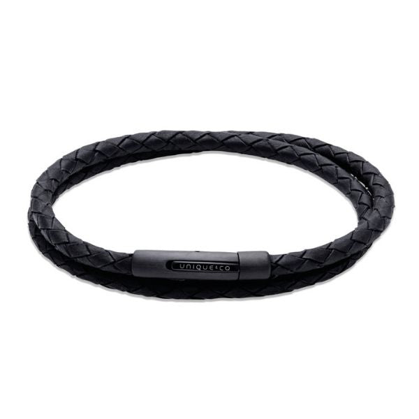 Unique & Co Black Leather Wrap Bracelet with Black IP-Plating 21cm - Michael Jones Jeweller