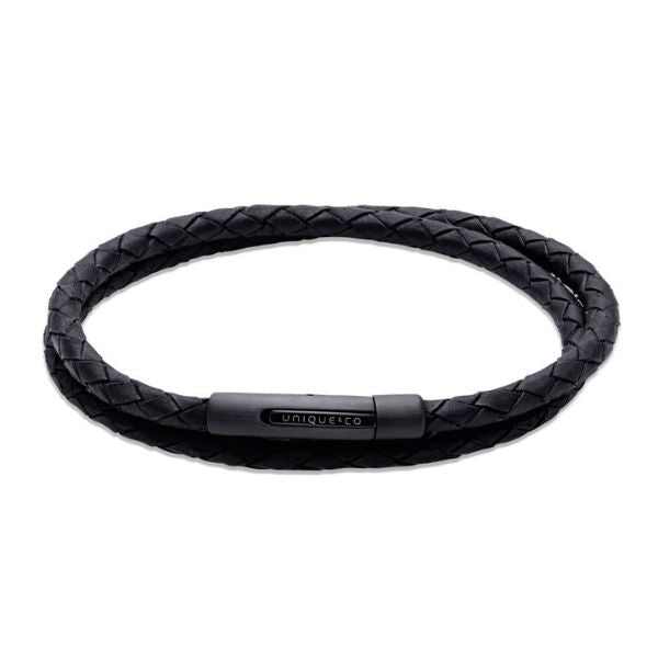Unique & Co Black Leather Wrap Bracelet with Black IP-Plating 21cm