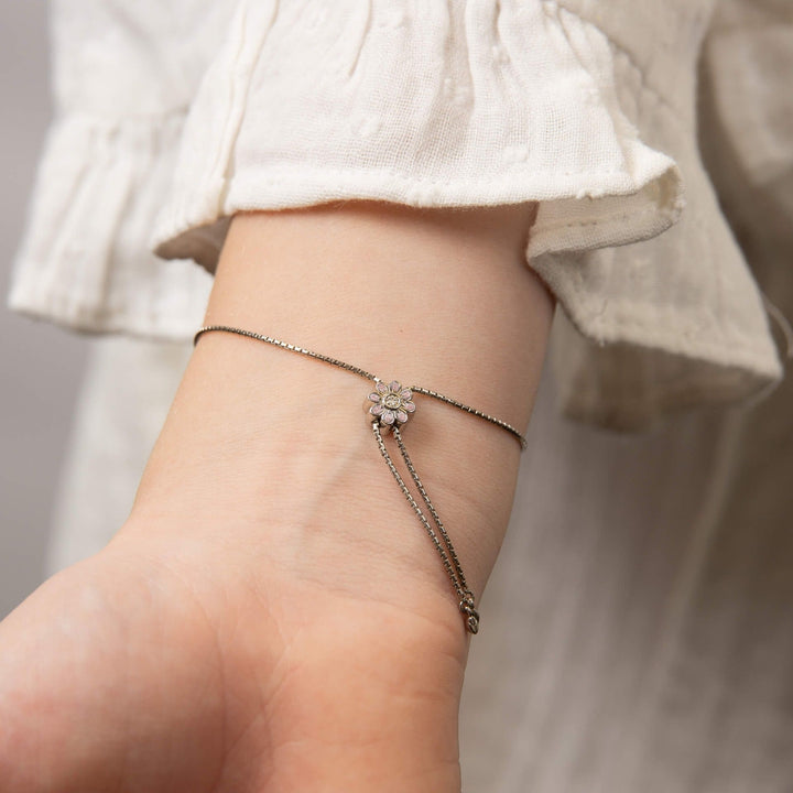 D for Diamond Pink Flower Toggle Silver Bracelet