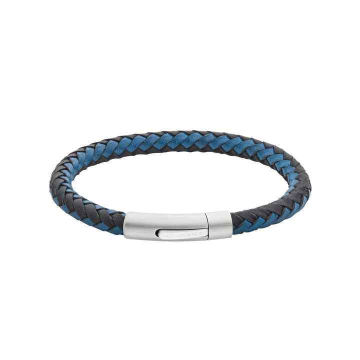 Unique Black and Blue Woven Leather Stainless Steel Bracelet 21cm