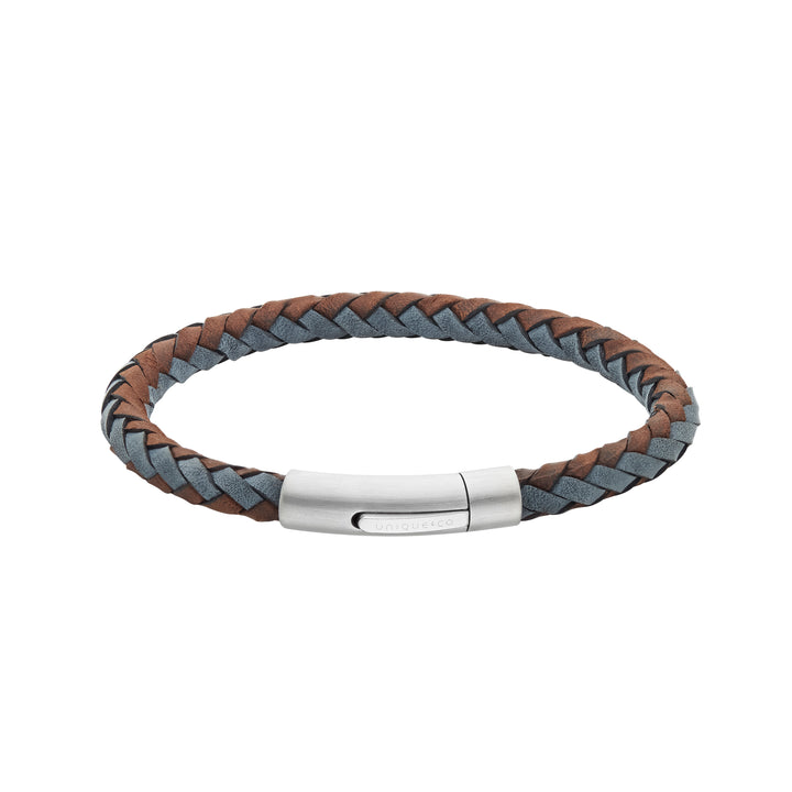 Unique Brown and Blue Woven Leather Stainless Steel Bracelet 21cm