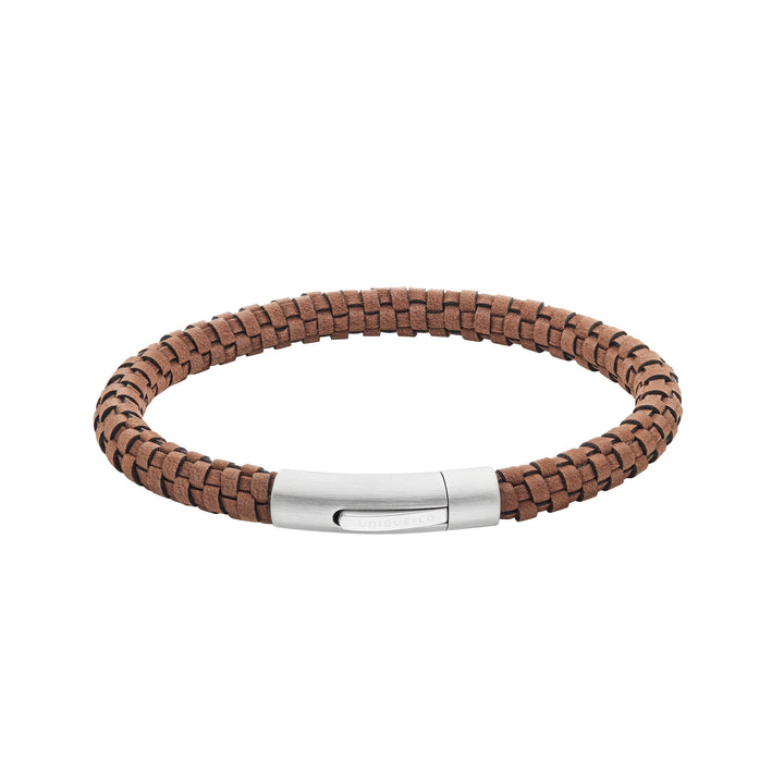 Unique Brown Suede Woven Leather Stainless Steel Bracelet 21cm