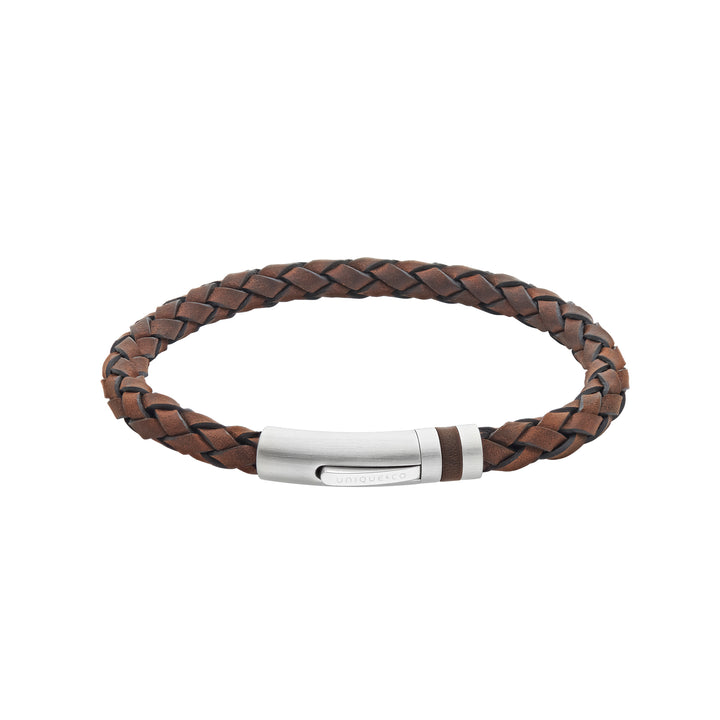 Unique Dark Brown Leather Stainless Steel Bracelet 21cm