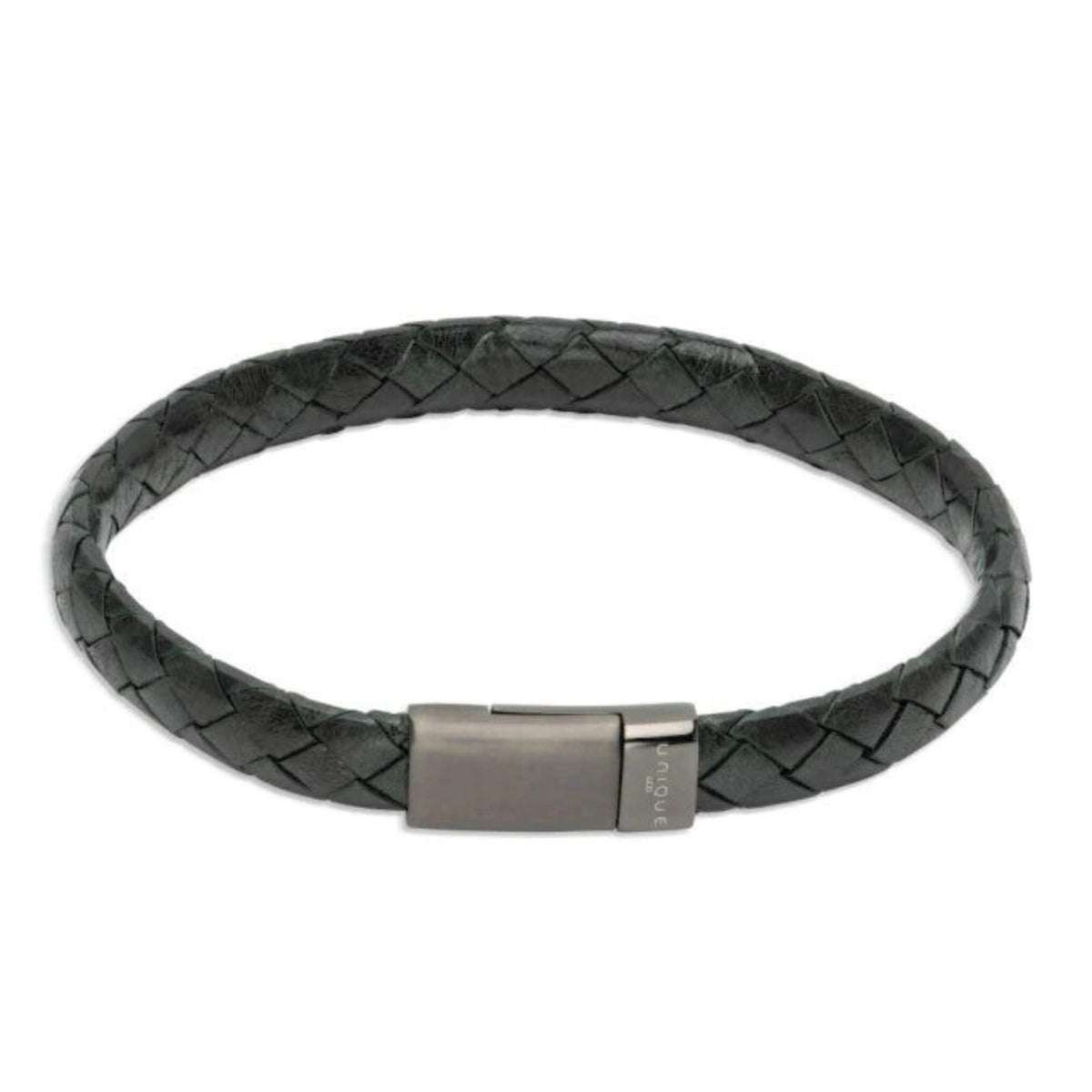 Unique & Co Green Leather Braided Bracelet with Gunmetal Grey Steel Clasp 21cm - Michael Jones Jeweller