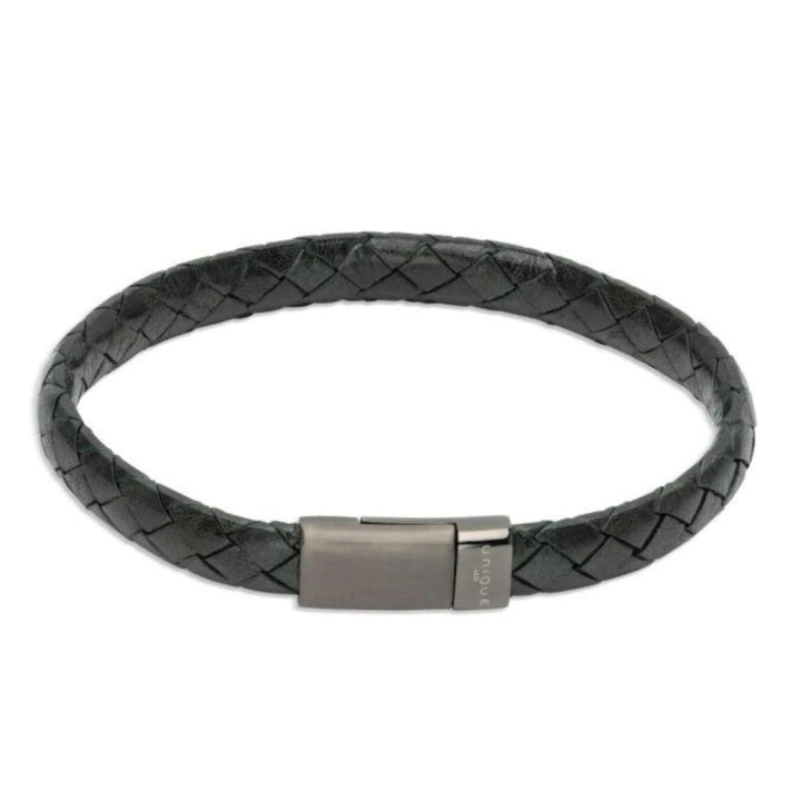 Unique & Co Green Leather Braided Bracelet with Gunmetal Grey Steel Clasp 21cm