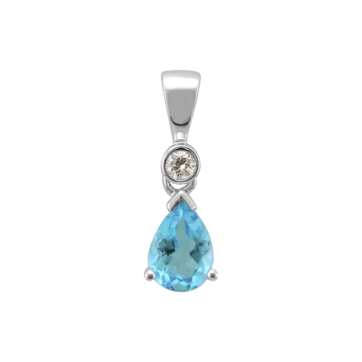 Blue Topaz and Diamond Pear Cut 9ct White Gold Pendant