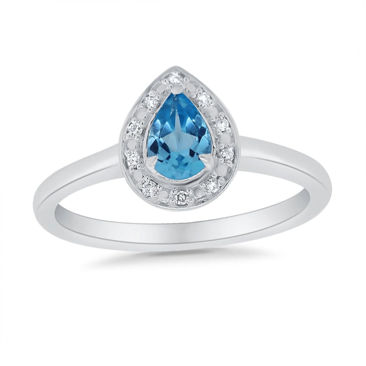 Blue Topaz and Diamond Pear Cut 9ct White Gold Ring (N)