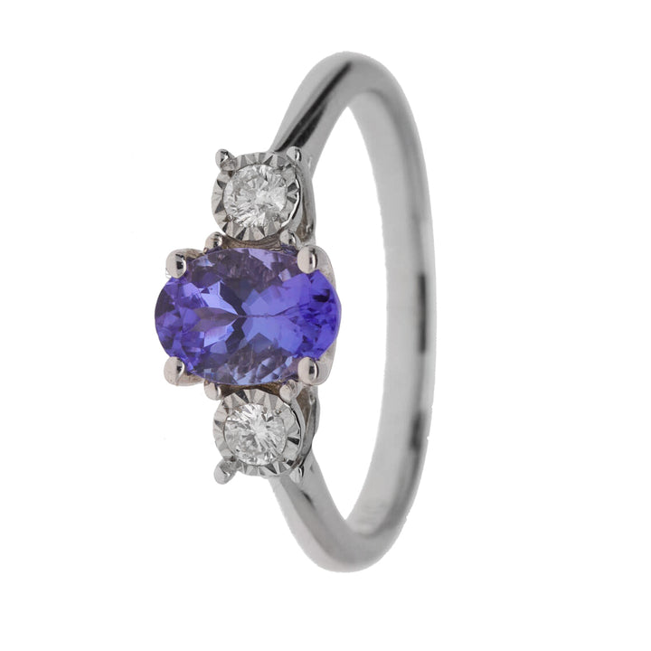 Tanzanite and Diamond 9ct White Gold Three Stone Ring - Michael Jones Jeweller