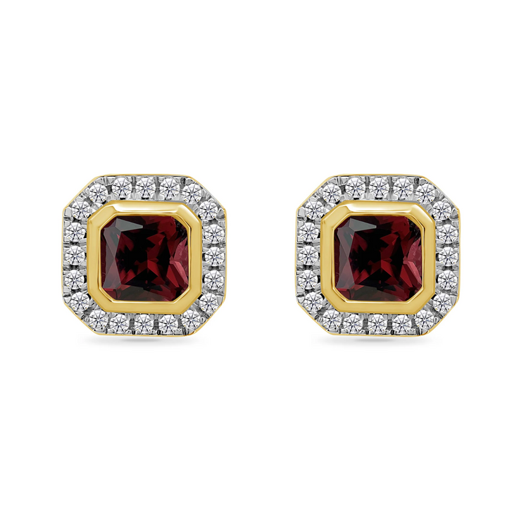 Square Garnet and Diamond 9ct Yellow Gold Stud Earrings