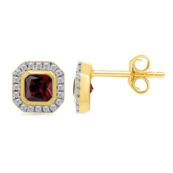 Square Garnet and Diamond 9ct Yellow Gold Stud Earrings