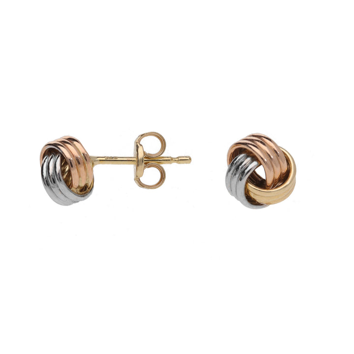 Three Strand 9ct Yellow, White and Rose Gold Knot Stud Earrings