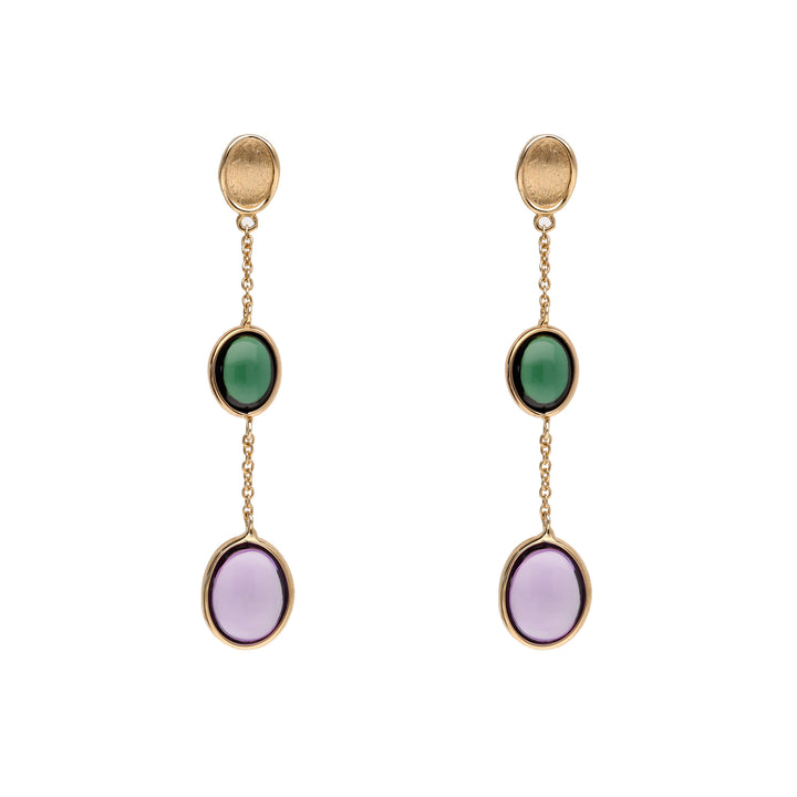 Amethyst and Green Tourmaline 9ct Yellow Gold Drop Earrings