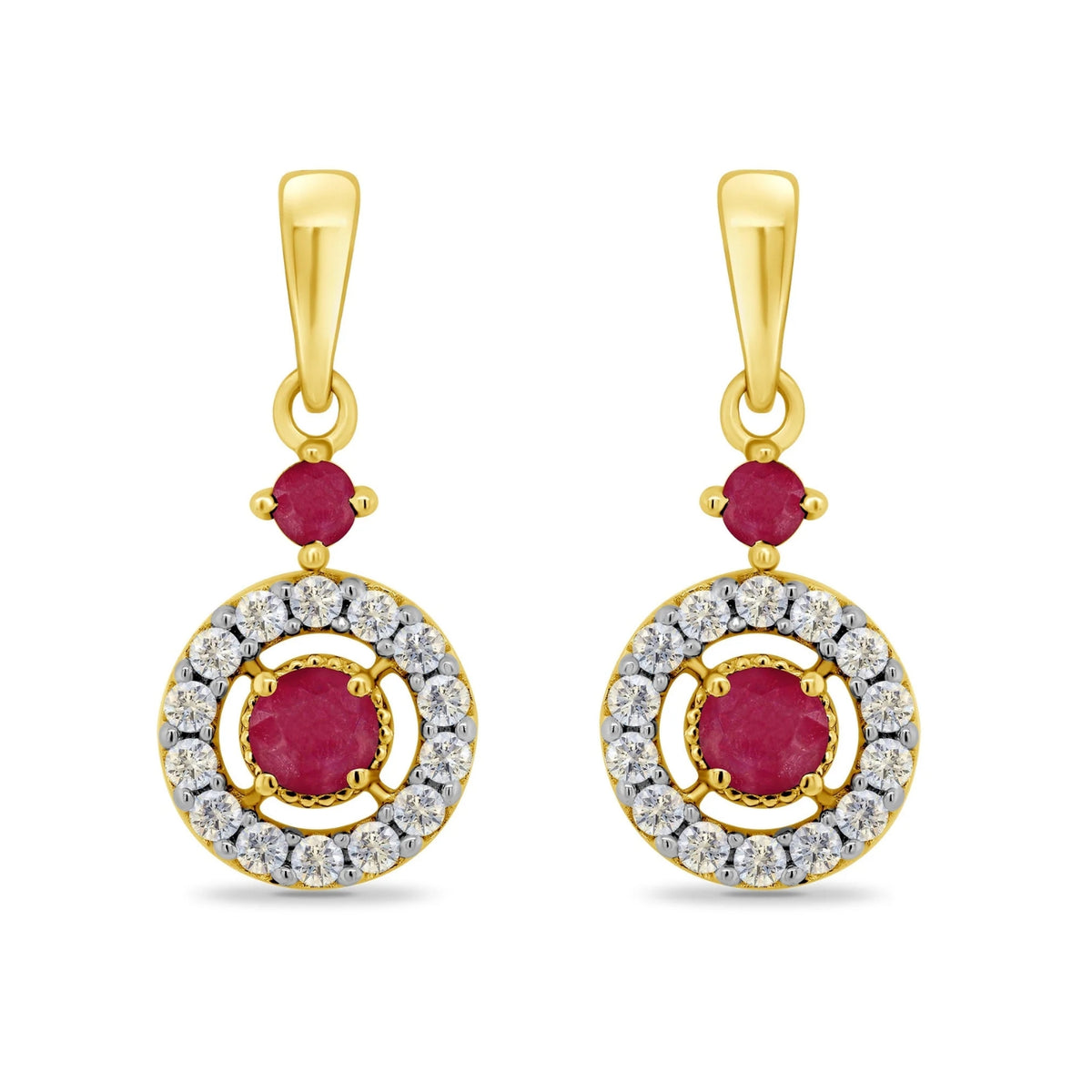 Ruby and Diamond 9ct Yellow Gold Circle Drop Earrings - Michael Jones Jeweller