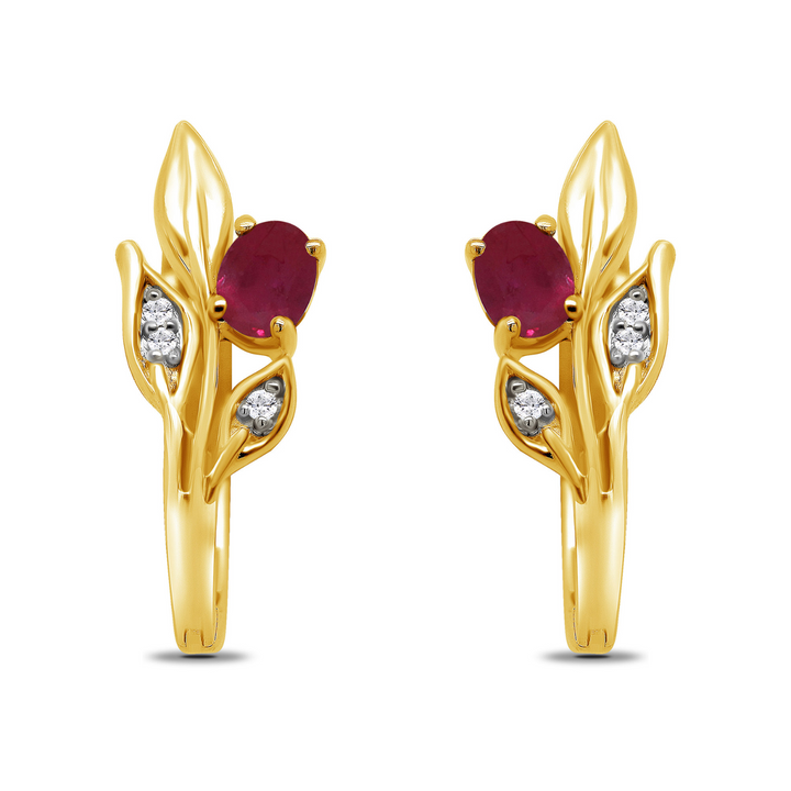 Ruby and Diamond 9ct Yellow Gold Leaf Hoop Earrings