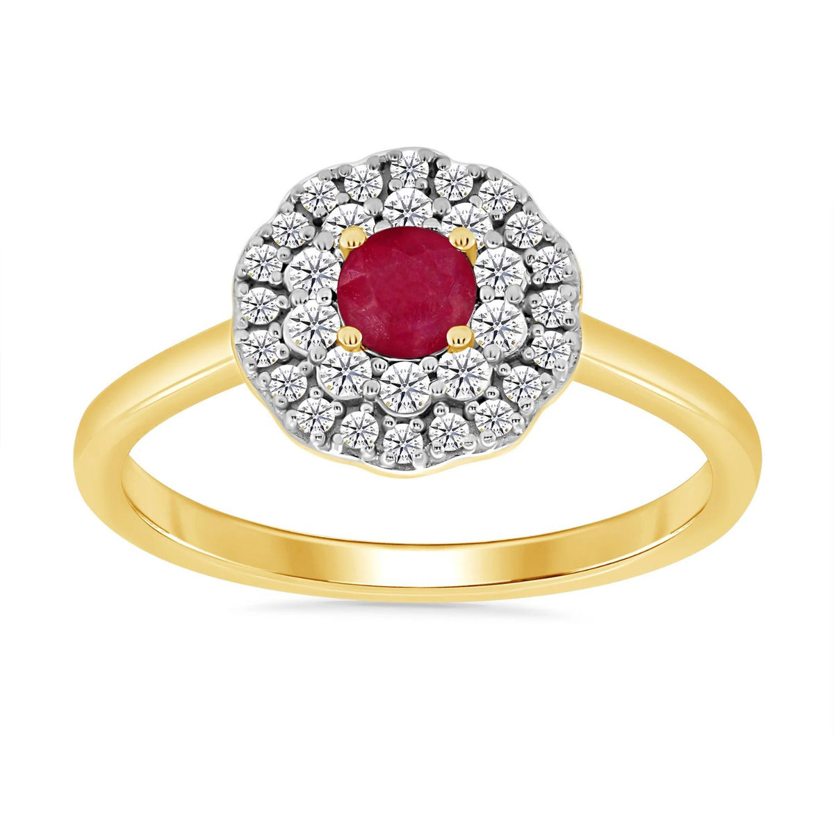 Ruby and Diamond Double Halo 9ct Yellow Gold Ring (N) - Michael Jones Jeweller
