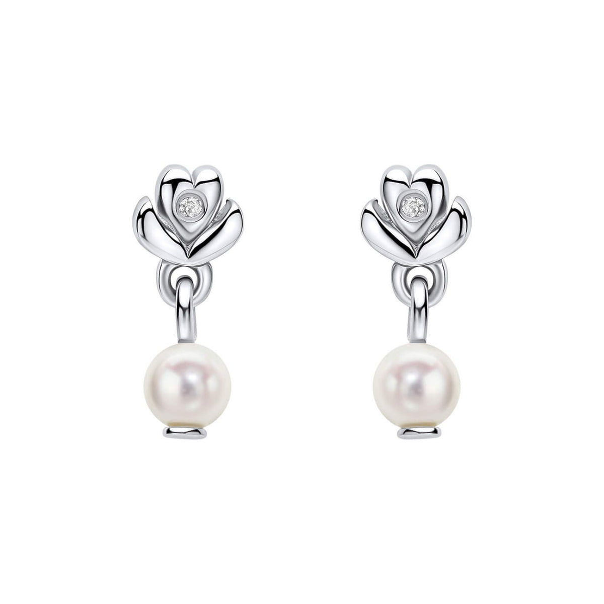 D for Diamond Freshwater Pearl Silver Flower Drop Earrings - Michael Jones Jeweller