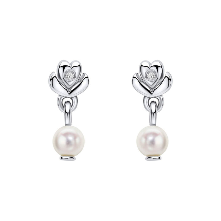 D for Diamond Freshwater Pearl Silver Flower Drop Earrings