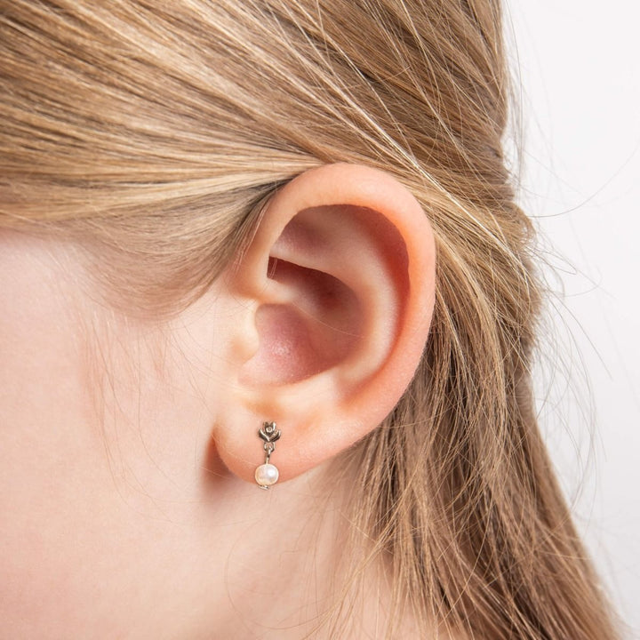D for Diamond Freshwater Pearl Silver Flower Drop Earrings