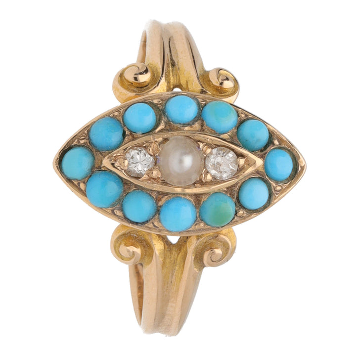 Pre-Owned Turquoise Diamond and Pearl 15ct Yellow Gold Ring